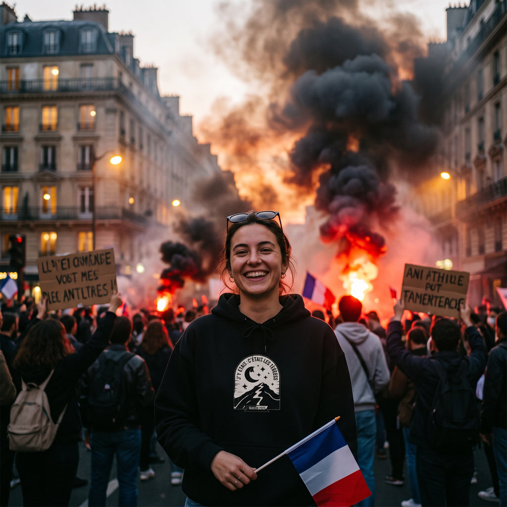 Un mannequin souriant pose au cœur d'un cortège de manifestation envahi de fumigènes noirs, à la tombée du jour.