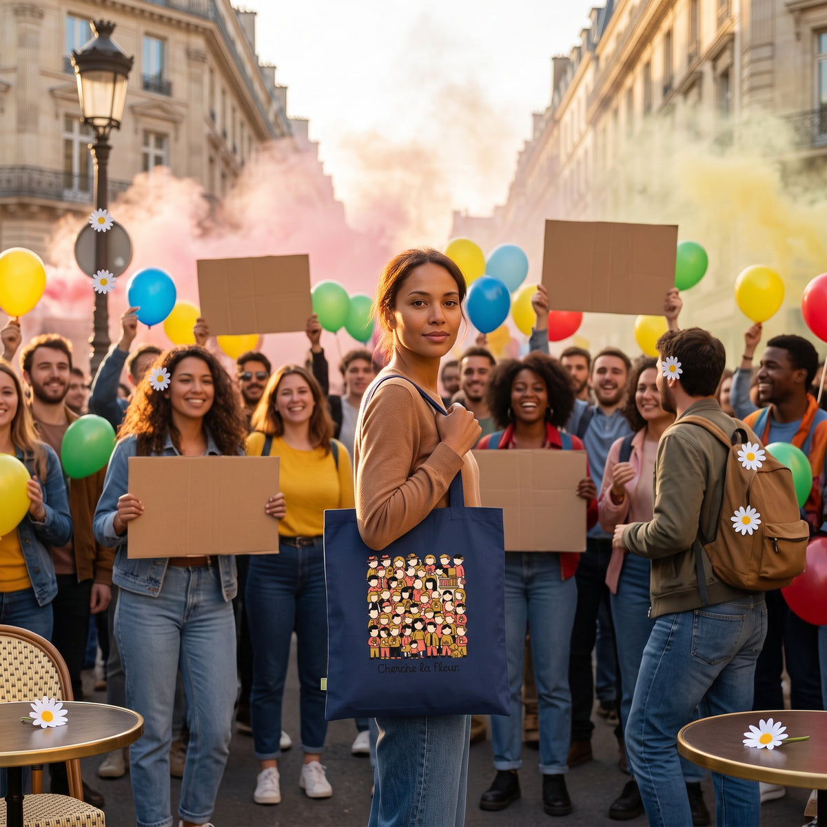 Un mannequin pose au milieu d'un cortège joyeux en fin de journée, entouré de petites fleurs en papier cachées un peu partout dans la foule.