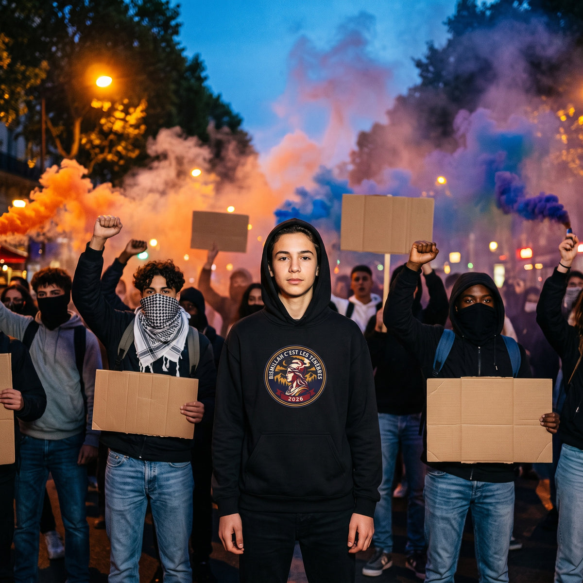 Un lycéen porte le vêtement imprimé au cœur d'une manifestation lycéenne enfumée à la tombée de la nuit.