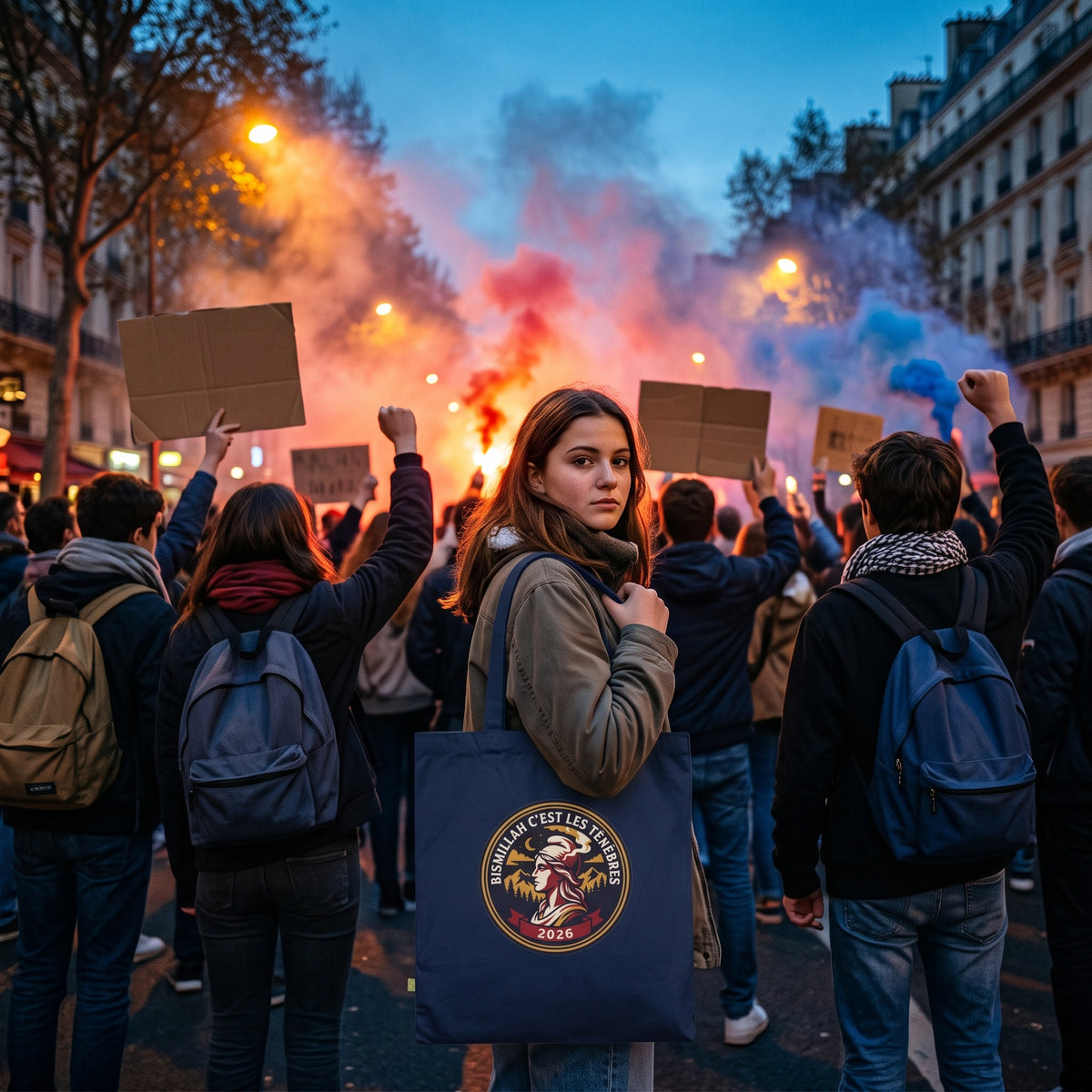 Un lycéen porte le vêtement imprimé au cœur d'une manifestation lycéenne enfumée à la tombée de la nuit.