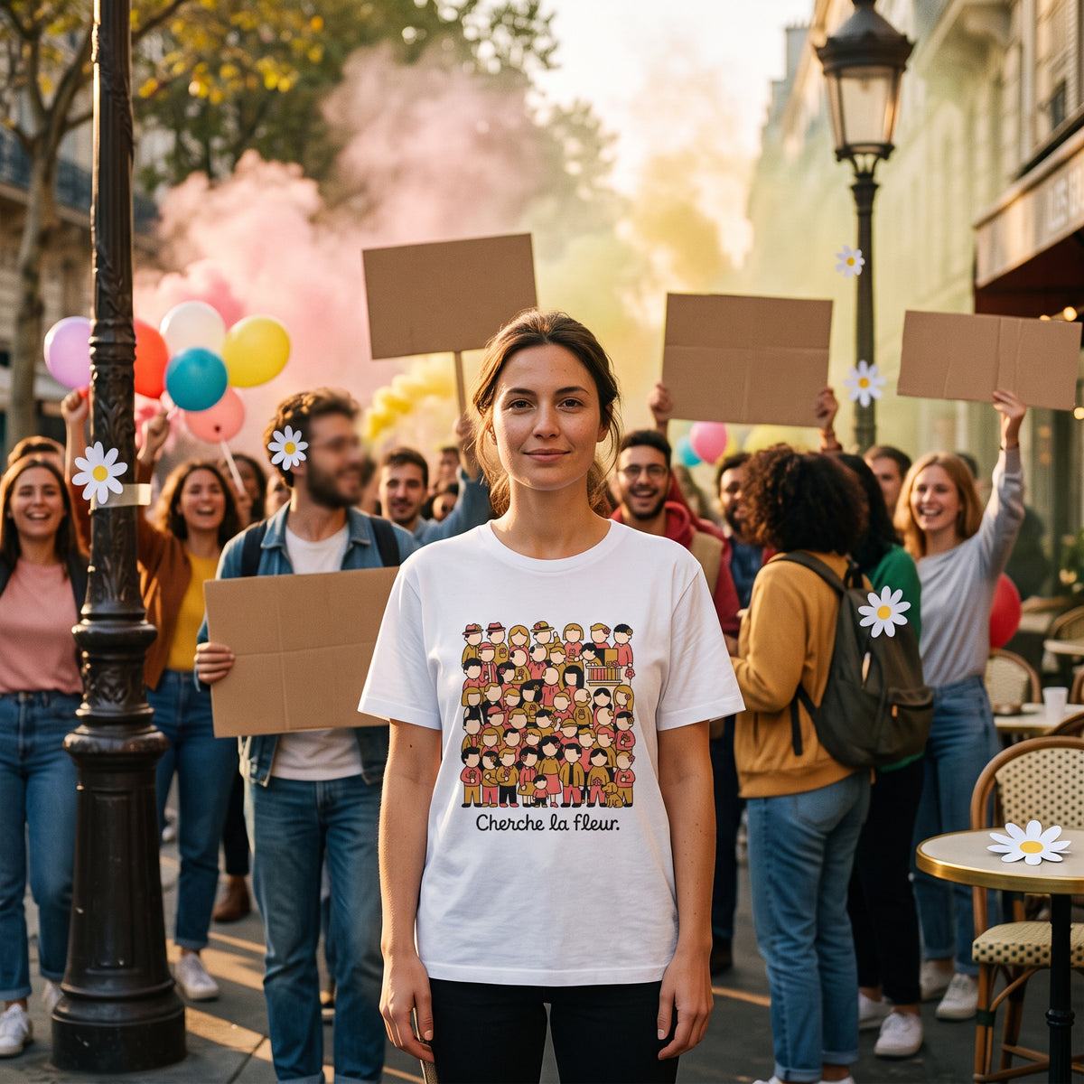 Un mannequin pose au milieu d'un cortège joyeux en fin de journée, entouré de petites fleurs en papier cachées un peu partout dans la foule.