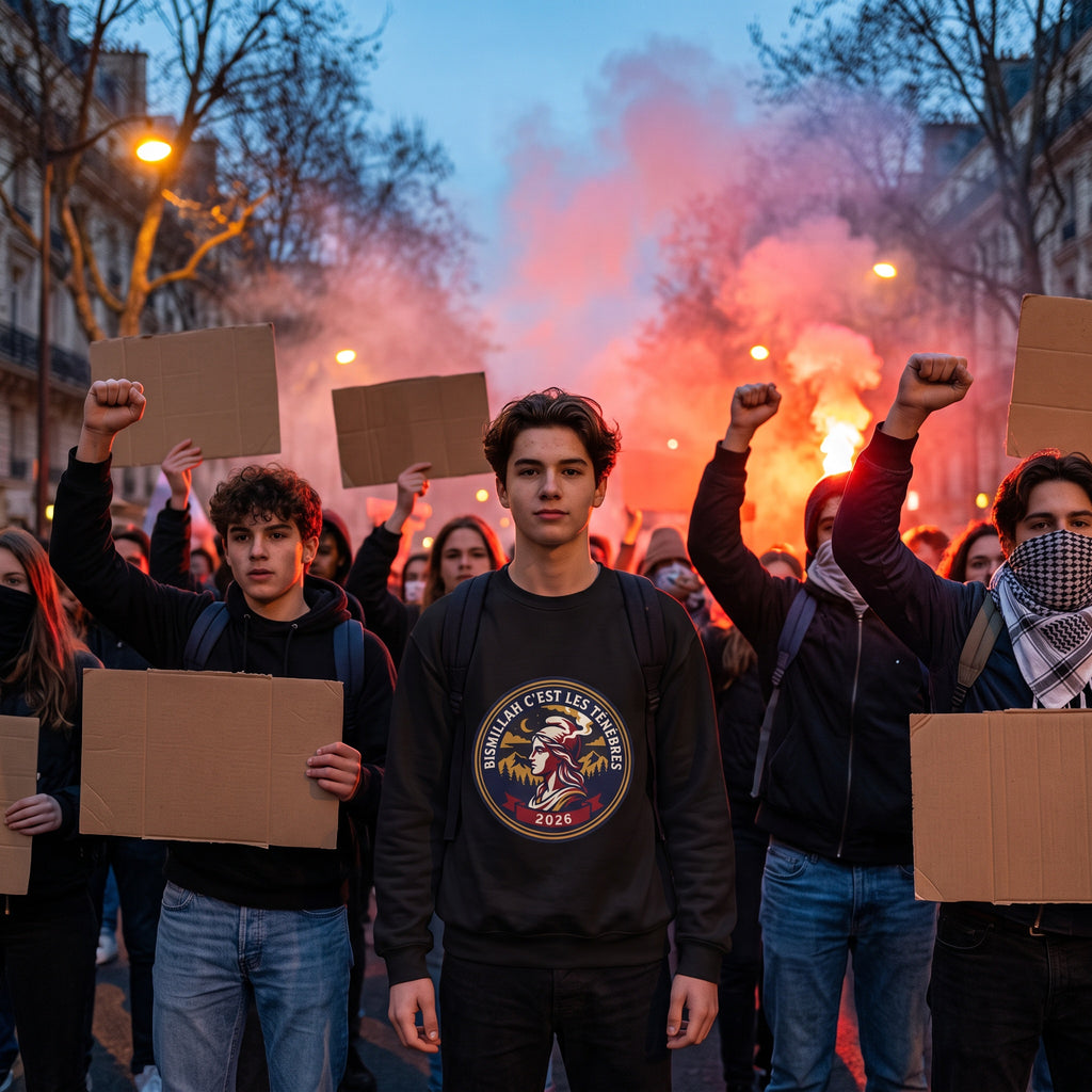 Un lycéen porte le vêtement imprimé au cœur d'une manifestation lycéenne enfumée à la tombée de la nuit.
