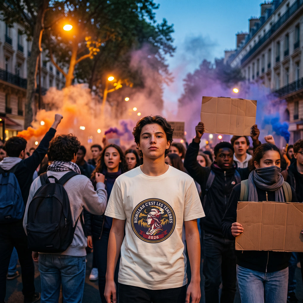 Un lycéen porte le vêtement imprimé au cœur d'une manifestation lycéenne enfumée à la tombée de la nuit.