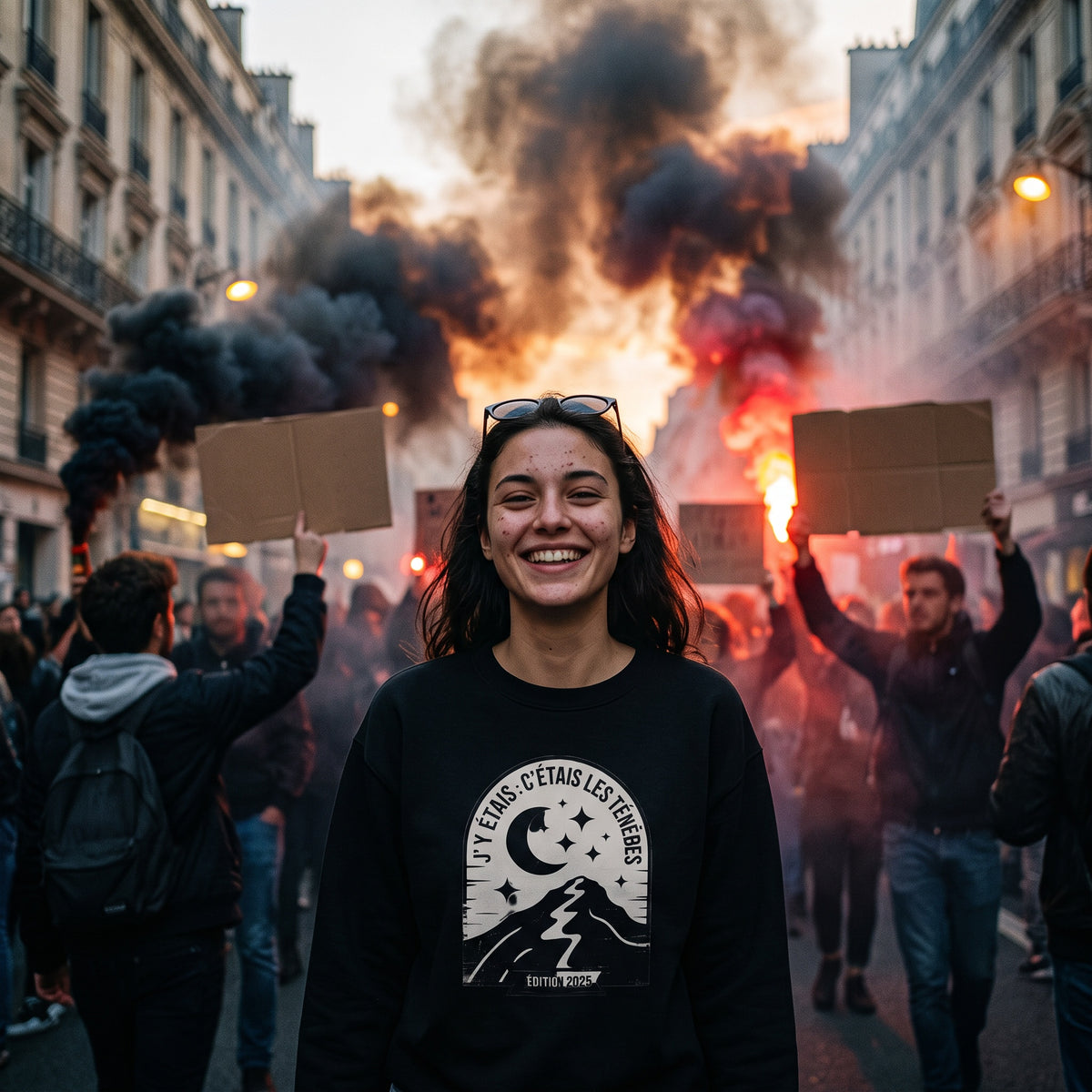 Un mannequin souriant pose au cœur d'un cortège de manifestation envahi de fumigènes noirs, à la tombée du jour.