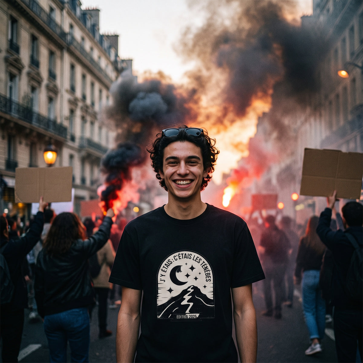 Un mannequin souriant pose au cœur d'un cortège de manifestation envahi de fumigènes noirs, à la tombée du jour.